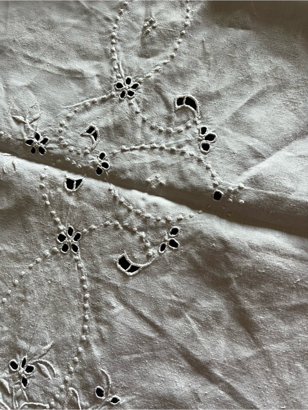Vintage White Madeir-Style Embroidered Cutwork tablecloth 57" X 72" Scalloped